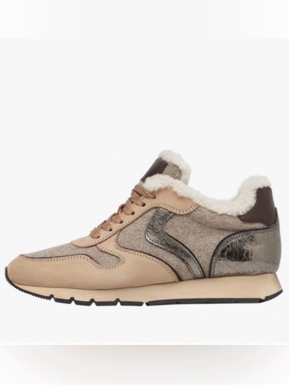 NWT VOILE BLANCHE JULIA Fur Leather And Fabric Sneakers in Beige